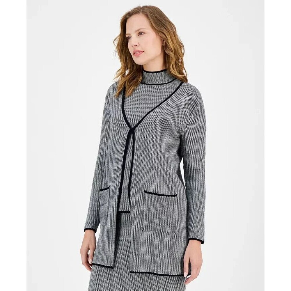 Anne Klein Women's Oversized Patch-Pocket Long Cardigan Topper Black & White L